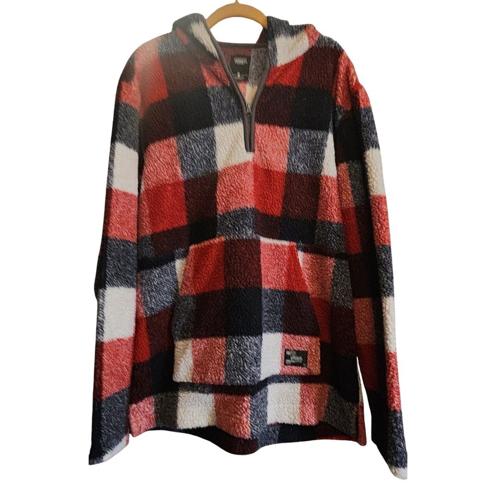 Union Sherpa Hoodie Mens Large Red Plaid Excellent Quarter Zip Fleece Pullover